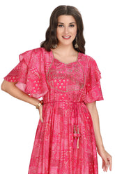 Rani Pink Modal Frock Style Full-Length Kurti with Fusion Print